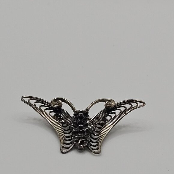 VTG Beau Brooch 925 Sterling Silver Floral Butterfly Moth Filigree Fairycore Pin - Picture 9 of 10